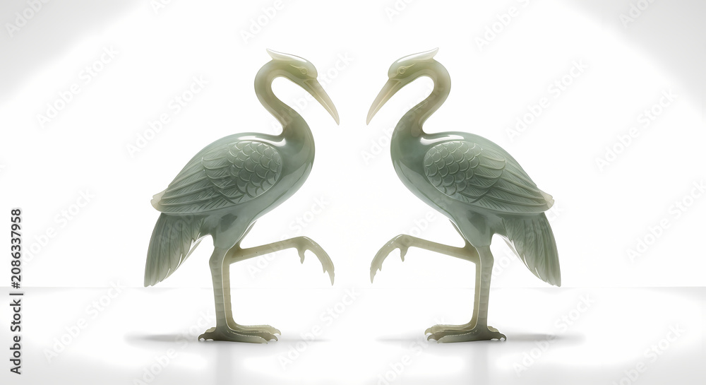 Obraz premium Two Jade Herons in Mirror Image Standing on One Leg