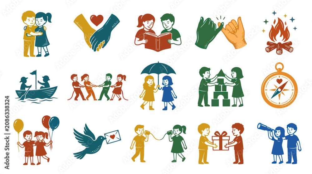 Fototapeta premium Childhood, Friendship Relationships Flat Vector Icons Set - Kids, Play, Support, and Unity Illustrations
