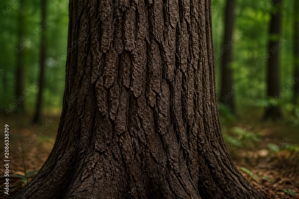 Obraz premium Ancient tree trunk dominates foreground with deep, rough bark. Mossy forest floor surrounds base, soft light filters through canopy. Background trees blur slightly, creating depth and mystery