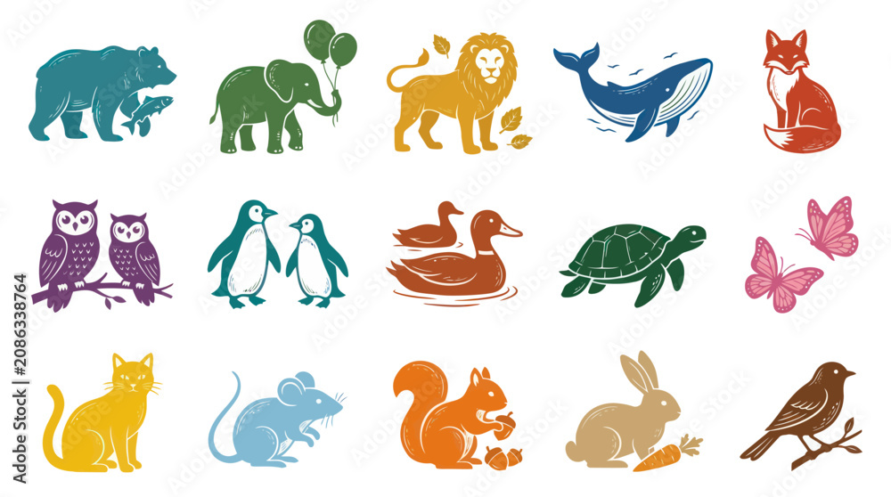 Obraz premium Diverse Textured Flat Style Animal Icons Collection for Children's Wildlife Education