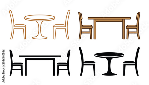 Dining table chair vector icon set. Wooden furniture side view, round bistro table, rectangular desk seating arrangements and home interior kitchen graphic elements.