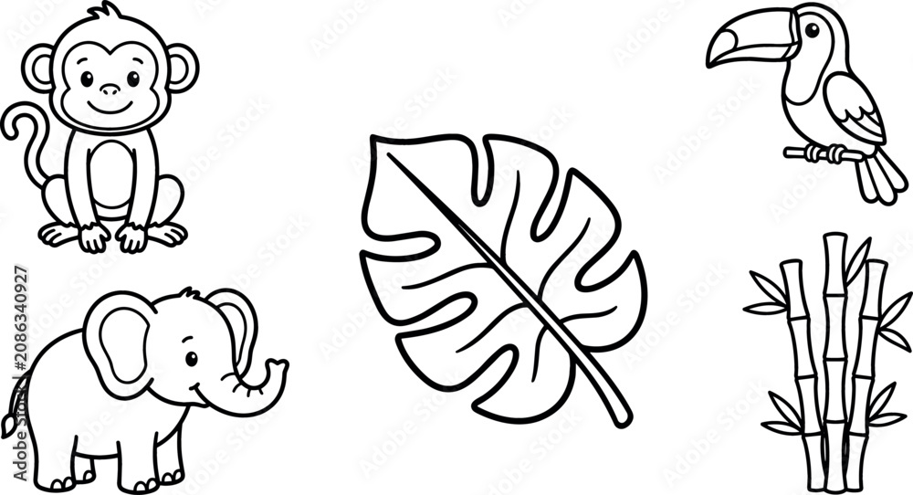 Obraz premium Cute Cartoon Lion and Safari Elements Coloring Page Set Featuring Tree Sun Crown Paw Print Grass and Bone Vector Line Art