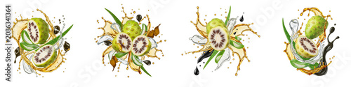 Fresh noni fruit and aloe vera splashing in water isolated on black
