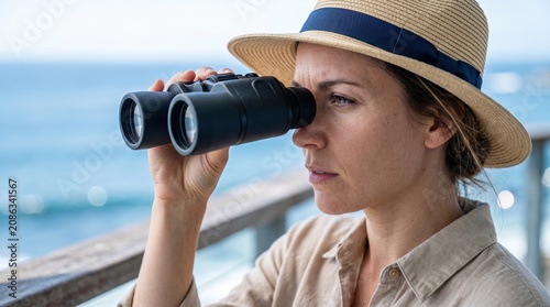Woman wearing a straw hat looking through binoculars at the ocean