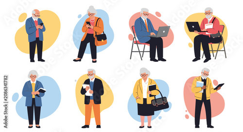 Group of active senior citizens using various modern technologies like smartphones, laptops, and tablets in their daily lives.