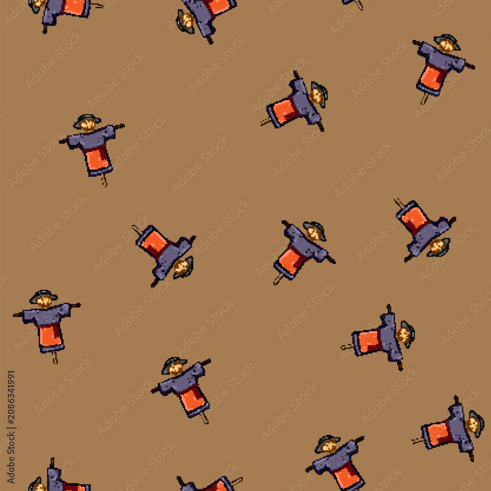 Fototapeta premium seamless pattern harvest scarecrow cartoon. scare pumpkin, november autumn, protection face harvest scarecrow sign vector