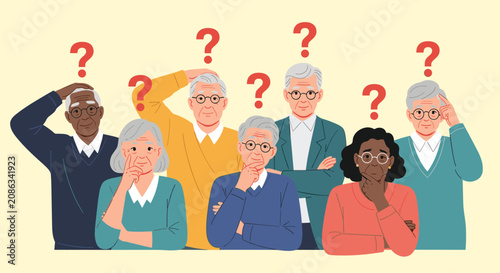 Diverse group of senior citizens looking confused and thoughtful with red question marks floating above their heads.