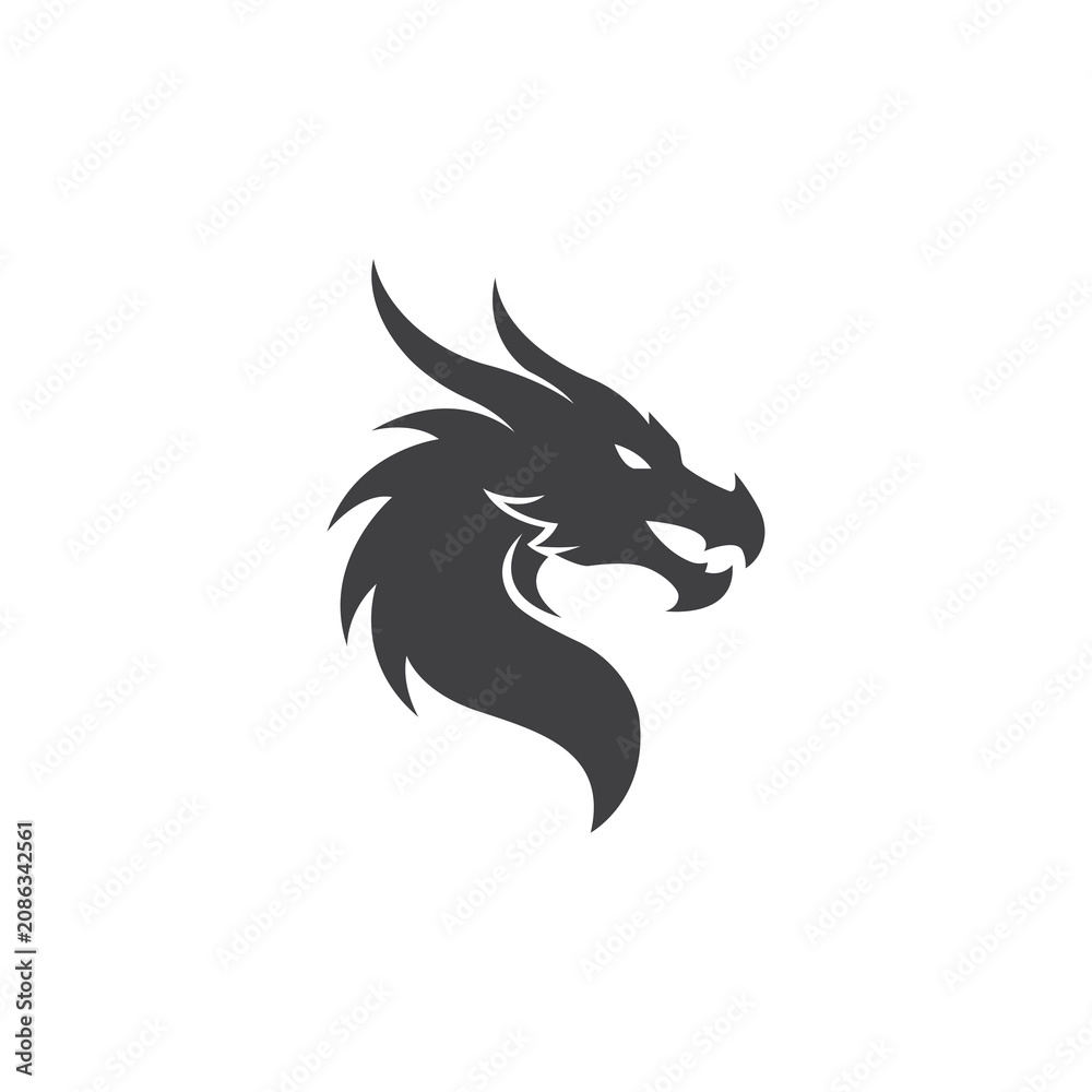 Obraz premium Dragon head silhouette vector logo, mythical creature profile icon, minimalist black dragon mascot for gaming and branding