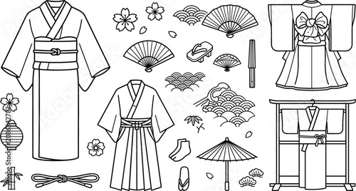 Bild auf Leinwand Japanese kimono line icons set featuring traditional dress yukata folding fan um