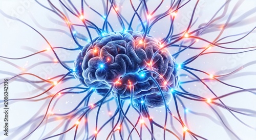 Digital human brain network concept with neural connections and glowing synaptic activity showing advanced cognitive processing with against bright background
