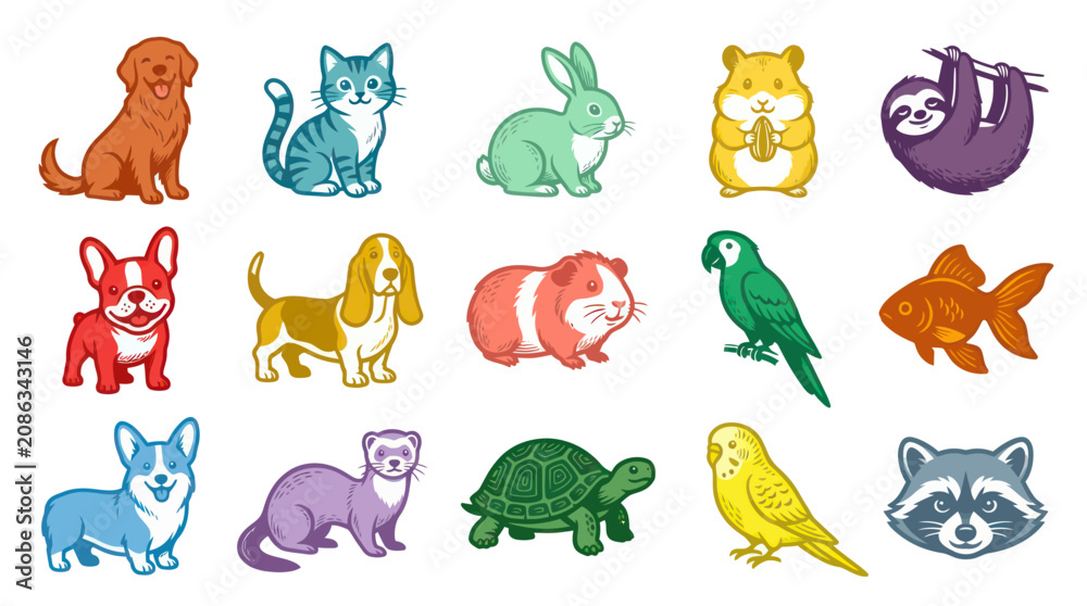 Obraz premium Cute Cartoon Pets Collection - Diverse Animals Vector Illustration