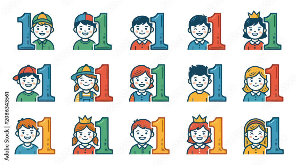 Fototapeta premium Diverse Kids Number One Flat Line Art Cartoon Avatars for First Year Milestones, Childhood and Education