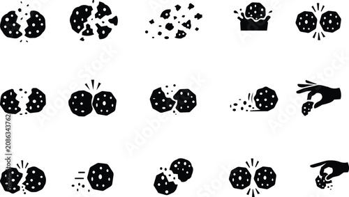 Obraz na płótnie Black cookie icon set showing various actions like breaking, crumbling, dunking