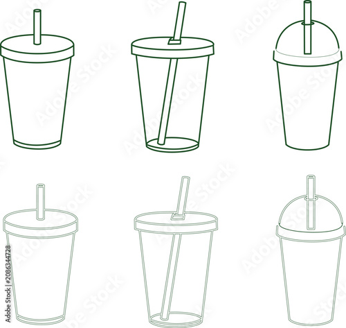Disposable drink cup outline icon collection featuring takeaway beverage container line art isolated on white background for cafe graphics