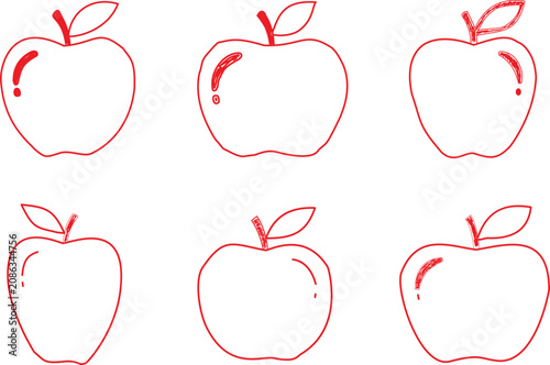 Hand drawn apple outline illustration collection featuring minimal fruit sketch icons isolated on white background for healthy food design