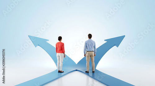 Business professionals standing at a crossroads with blue arrows in a minimalist style