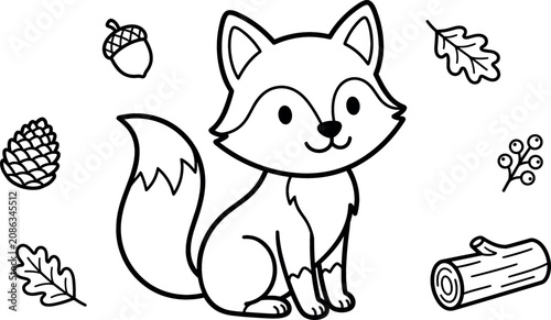 Cute Cartoon Woodland Fox Coloring Page with Acorn, Pine Cone, Oak Leaf, Berry, and Log for Kids Activity Designs