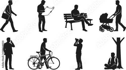 Black silhouette vector bundle of people performing everyday activities including walking, reading, cycling, drinking, and parenting scenes