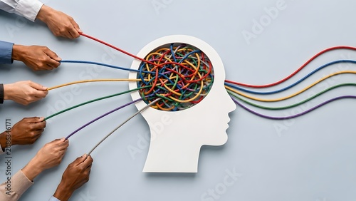 Diverse business hands pulling colored strings connected to a white human head silhouette depicting complex psychological profiling or target marketing