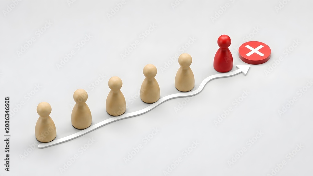 Obraz premium Red Wooden Figure Leading Line Of Beige Figures On White Wavy Path Towards Red Cross Mark For Mistake Failure Or Wrong Direction Concept