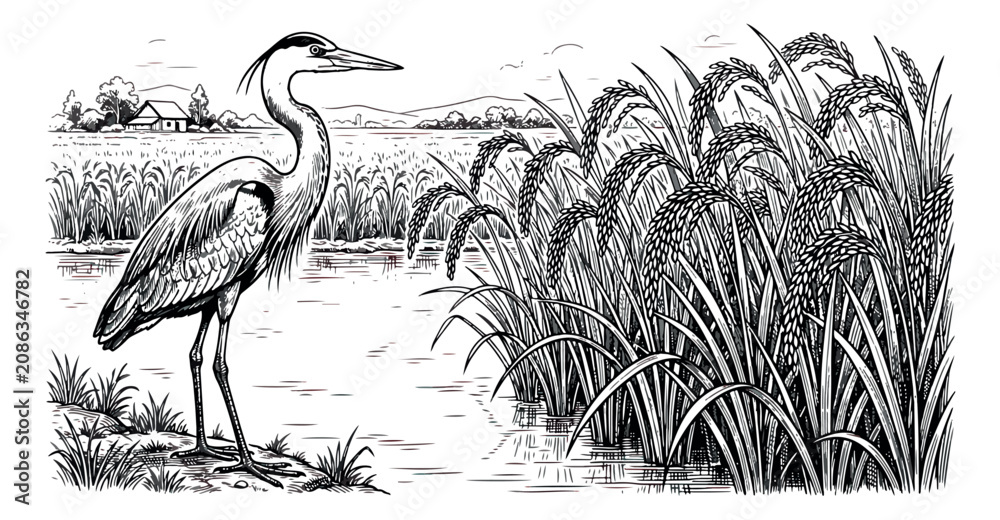 Fototapeta premium Vintage heron bird in rice field landscape, hand drawn etching of crane standing by water, retro agricultural scenery with paddy plants
