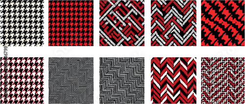 Geometric Seamless Patterns Set with Classic Houndstooth Chevron Herringbone Plaid and Abstract Lines Textures in Red Black White and Gray Colors Vector Illustration Swatches