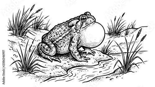 Valokuva Vintage toad illustration with inflated vocal sac, hand drawn bullfrog in swamp