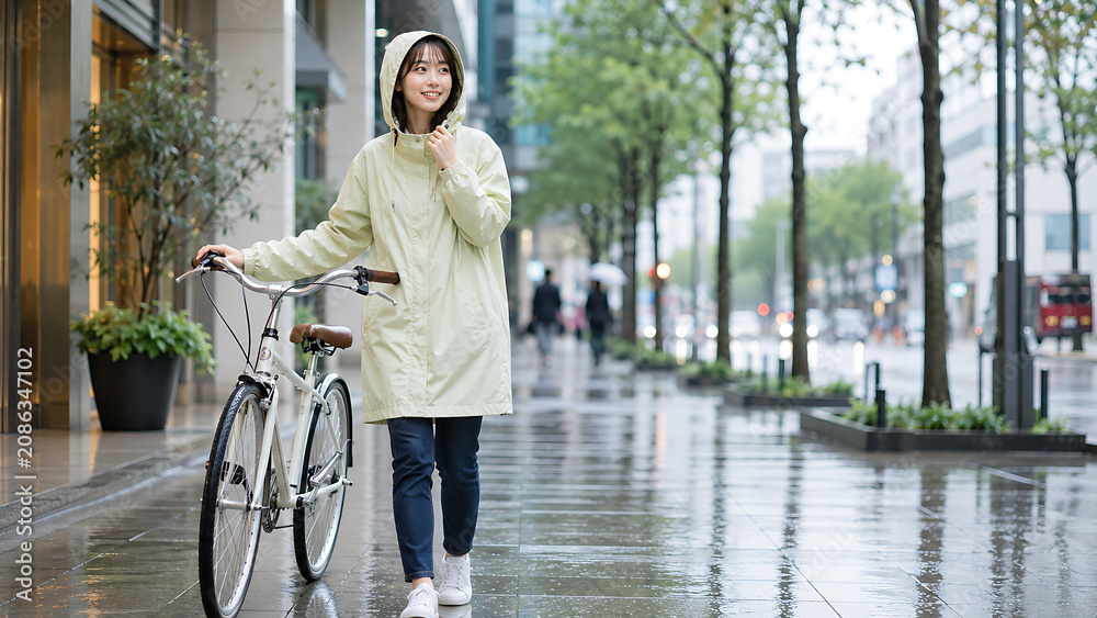 Fototapeta premium 雨の街路でレインコートを着て自転車を押す女性