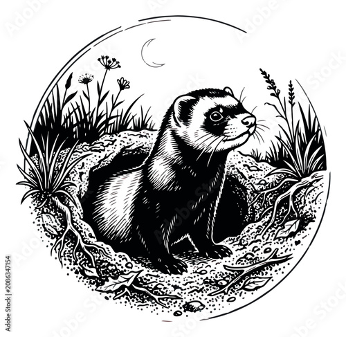 Photos Vintage ferret woodcut illustration, black and white polecat engraving, wild ani