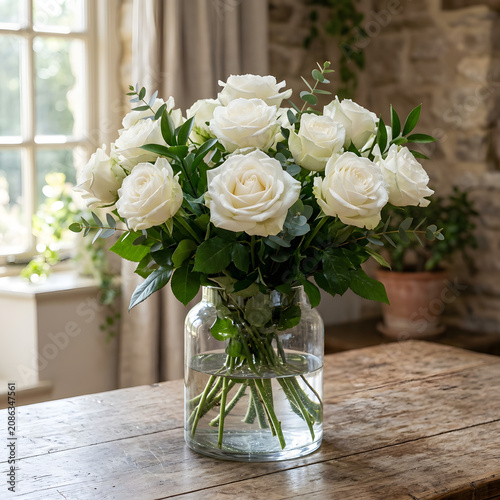 Elegant white hydrangea flowers in clear glass vase.