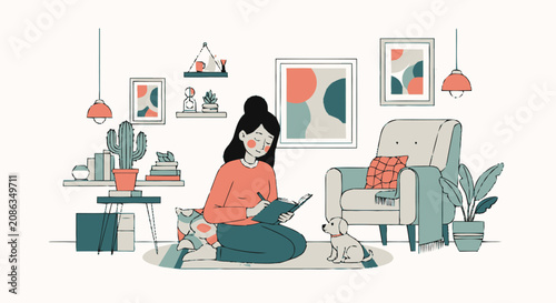 Cozy vector illustration of a young woman writing in her journal at home with her pet dog.