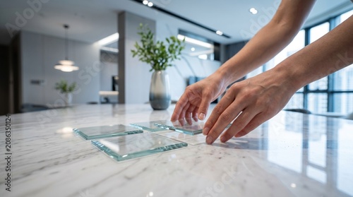 Setting the table with glass coasters for a festive USA holiday gathering in a modern home