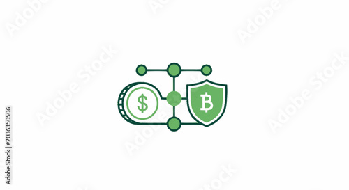 Cryptocurrency security and blockchain network icon with dollar coin and bitcoin shield.