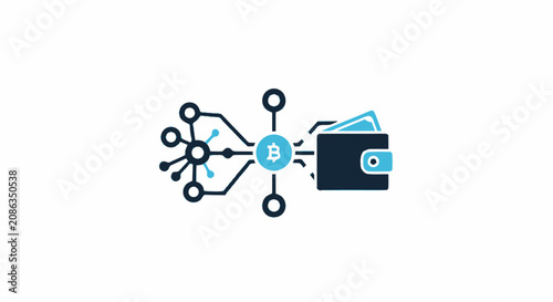 Cryptocurrency wallet icon showing blockchain network connection to bitcoin digital storage.