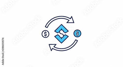 Currency exchange and money transfer vector icon with dollar signs and circular arrows.