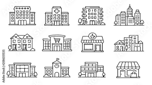 Building and City Architecture Outline Icon Set with Residential, Commercial and Urban Structures