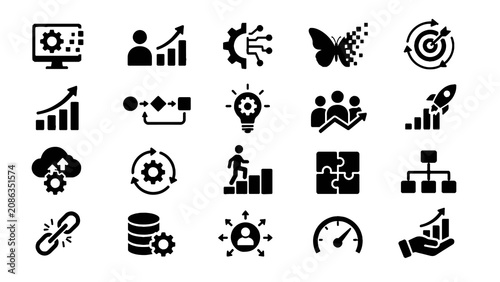 Business Growth, Innovation and Strategy Line Icon Set with Analytics, Target and Productivity Symbols