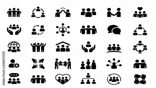 Community, Teamwork and Social Network Line Icon Set, People, Collaboration and Leadership Symbols