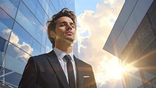 A confident businessman stands before a modern glass office building