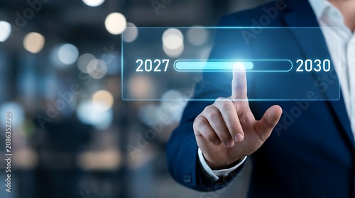 Businessman touching digital screen interface with 2027 to 2030 business strategy timeline progress bar