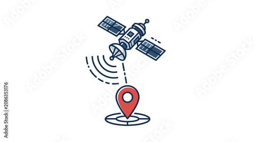 A satellite in space transmits signal to a location on Earth marked with a red GPS navigation pin in a minimalist line art illustration style for concepts of global positioning and remote co