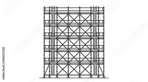 Detailed technical drawing of a large metal scaffolding structure with multiple levels and crisscrossing beams for construction or industrial use