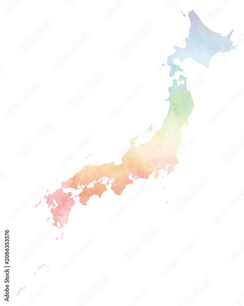 Naklejka premium 水彩風のカラフルな日本地図・レインボー