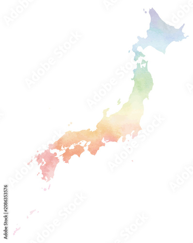 水彩風のカラフルな日本地図・レインボー