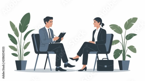 Professional job interview illustration, business recruitment process with HR manager and candidate, corporate hiring meeting in office setting