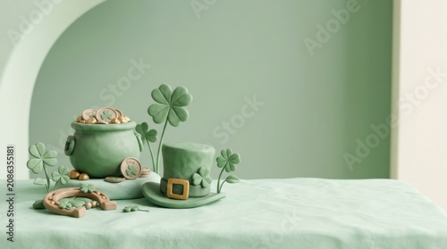 Leprechaun hat pot of gold and shamrocks clay model