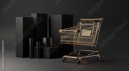 Luxurious Gold Shopping Cart with Black Geometric Shapes on Dark Background.