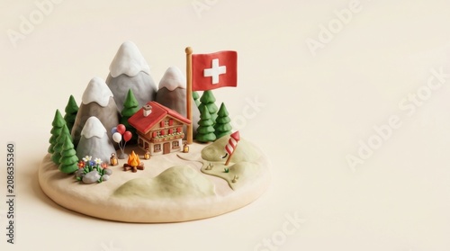Swiss National Day Alpine Chalet and Flag Scene