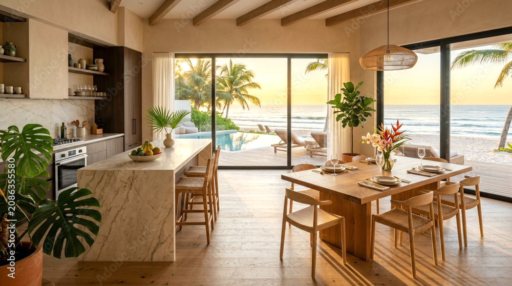 Fototapeta premium Luxury beachfront dining room with open kitchen view of ocean sunset