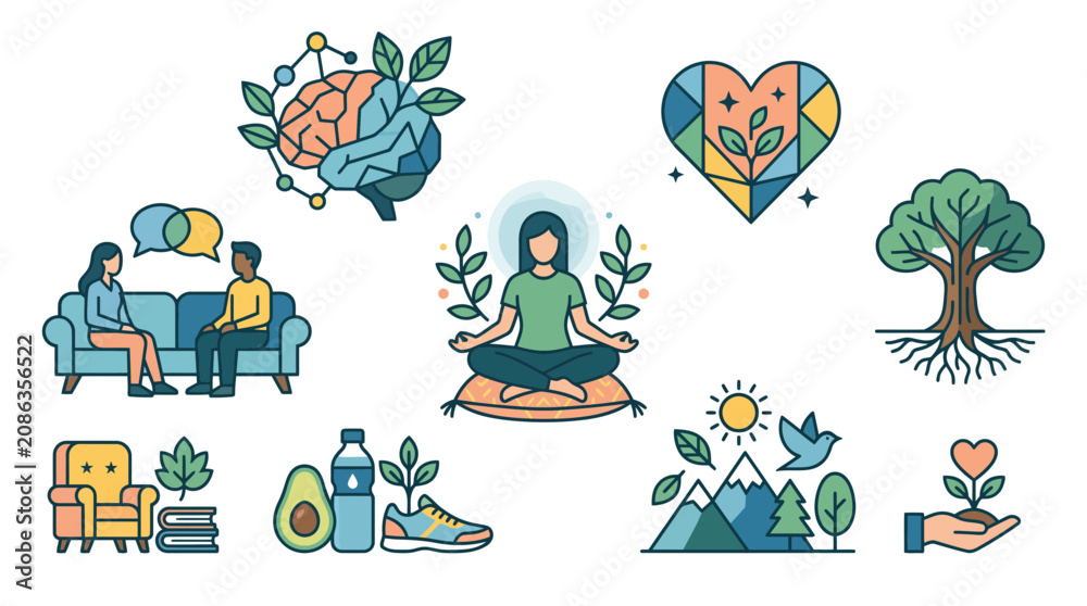 Fototapeta premium World Mental Health Day illustration set promoting wellness and self-care with meditation, nature, and healthy habits